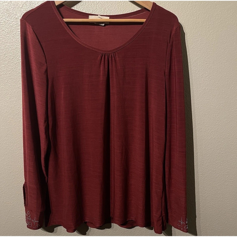 Diana Belle Long‎ Sleeve Shirt  Stretch Cuff Embellishments Dark Red  Size XL